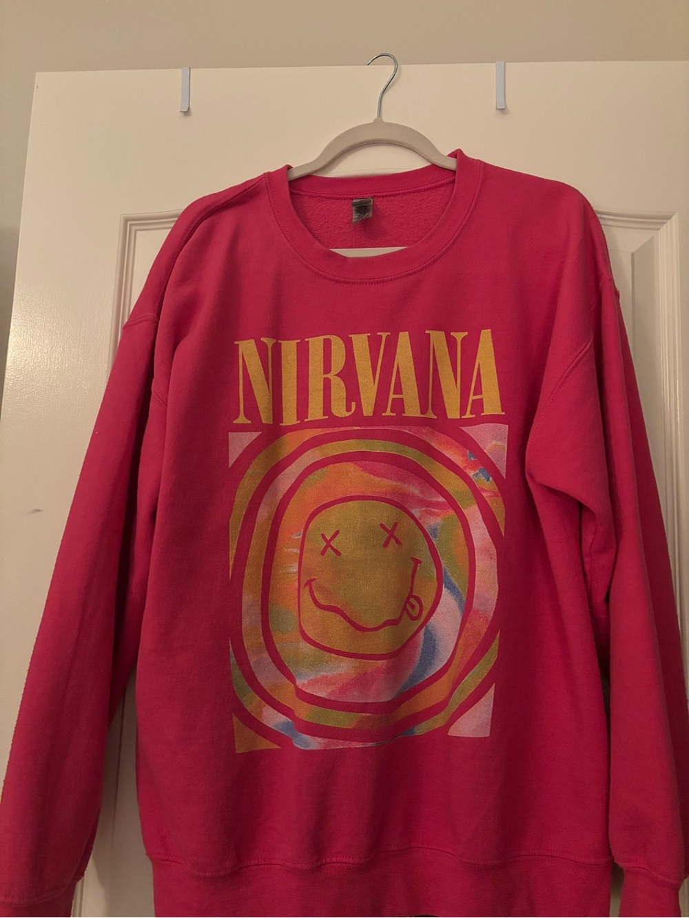 NIRVANA Hot Pink Crewneck Sweatshirt with Yellow Logo